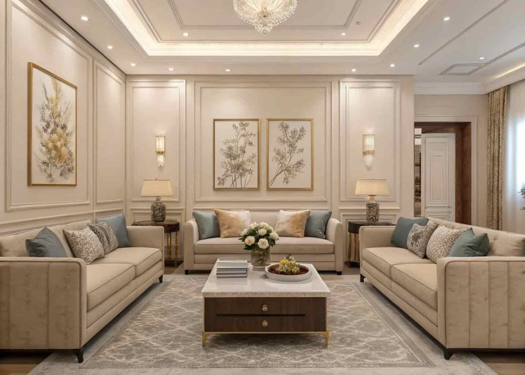 Neutral-toned luxury living room with coordinated center table decor matching cushions and artwork, cohesive interior styling
