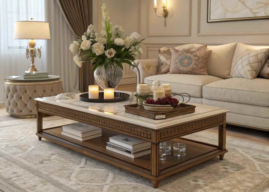 Designer coffee table featuring elegant decor mixed with personal decorative objects, warm and inviting luxury living room setting