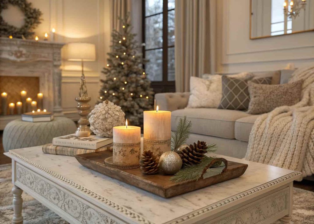 Luxury living room center table styled with seasonal decor elements, cozy candles and textured accents, elegant home atmosphere.