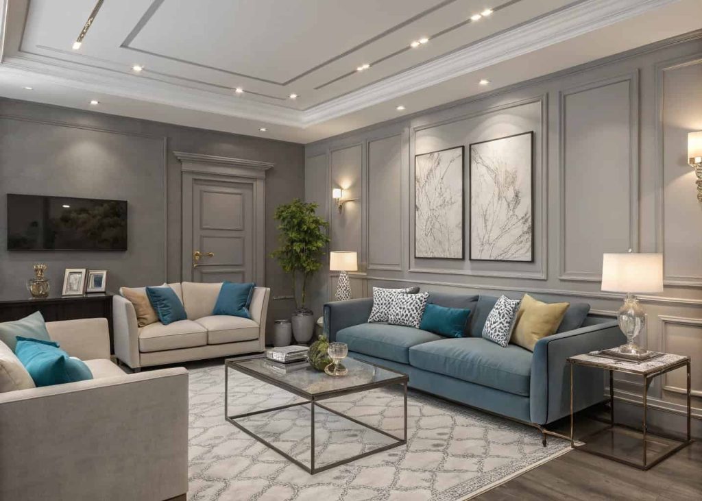 Grey living room with medium grey walls, modern furniture, blue and beige accents, soft lighting, contemporary interior design