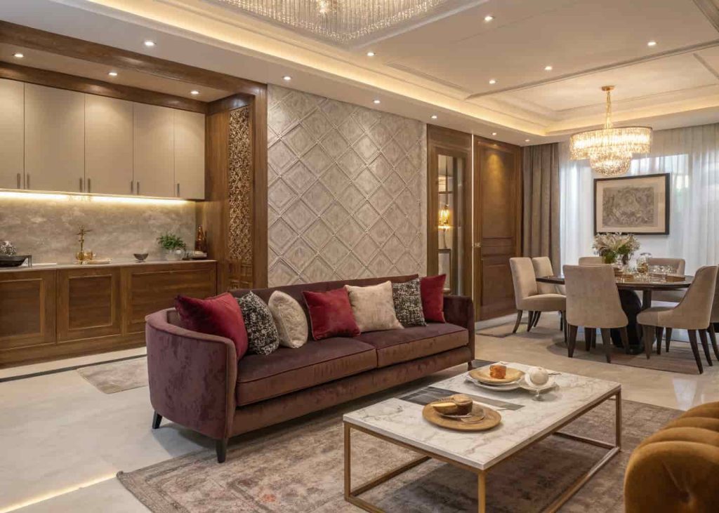 Textured living dining room interior, velvet cushions, wooden furniture, layered fabrics, cozy elegant decor, modern open space