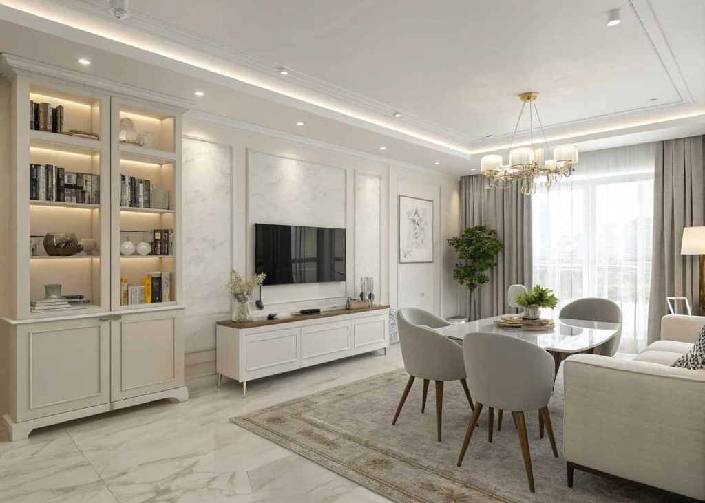 Minimalist elegant combined living dining room, clean surfaces, organized decor, modern storage furniture, bright and clutter-free interior