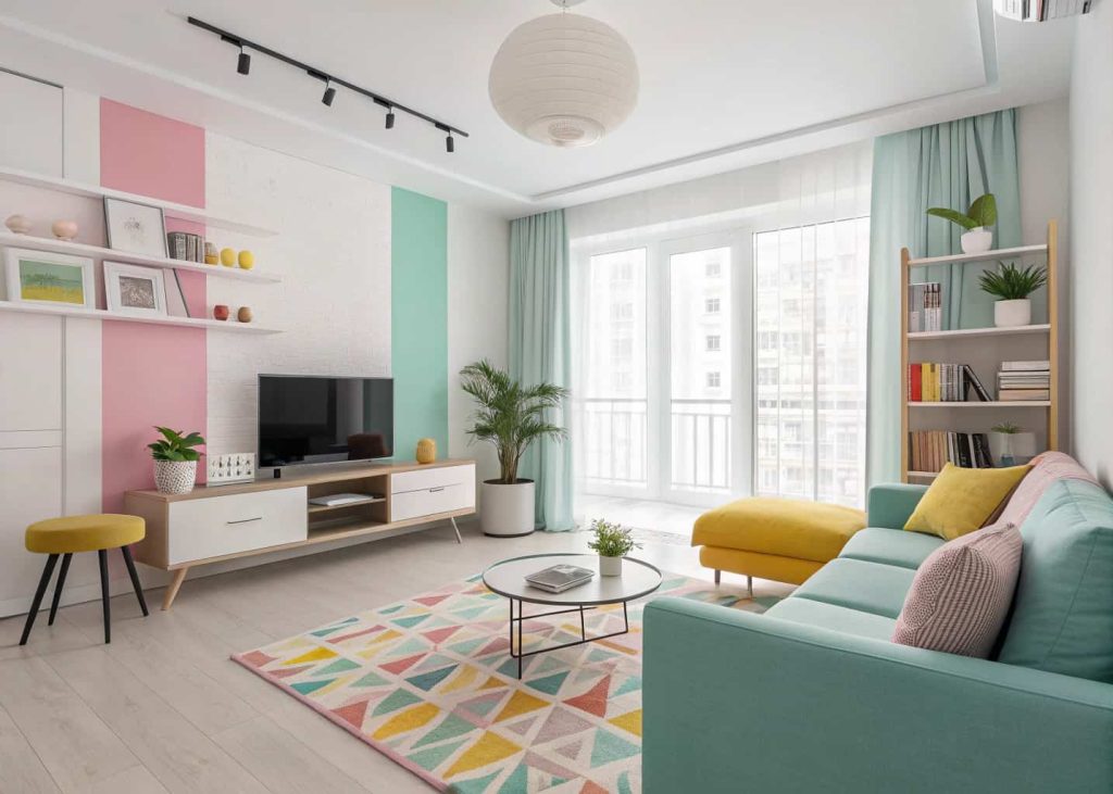 Colorful minimalist living room apartment with clean layout, soft colorful accents, modern furniture, and clutter-free design