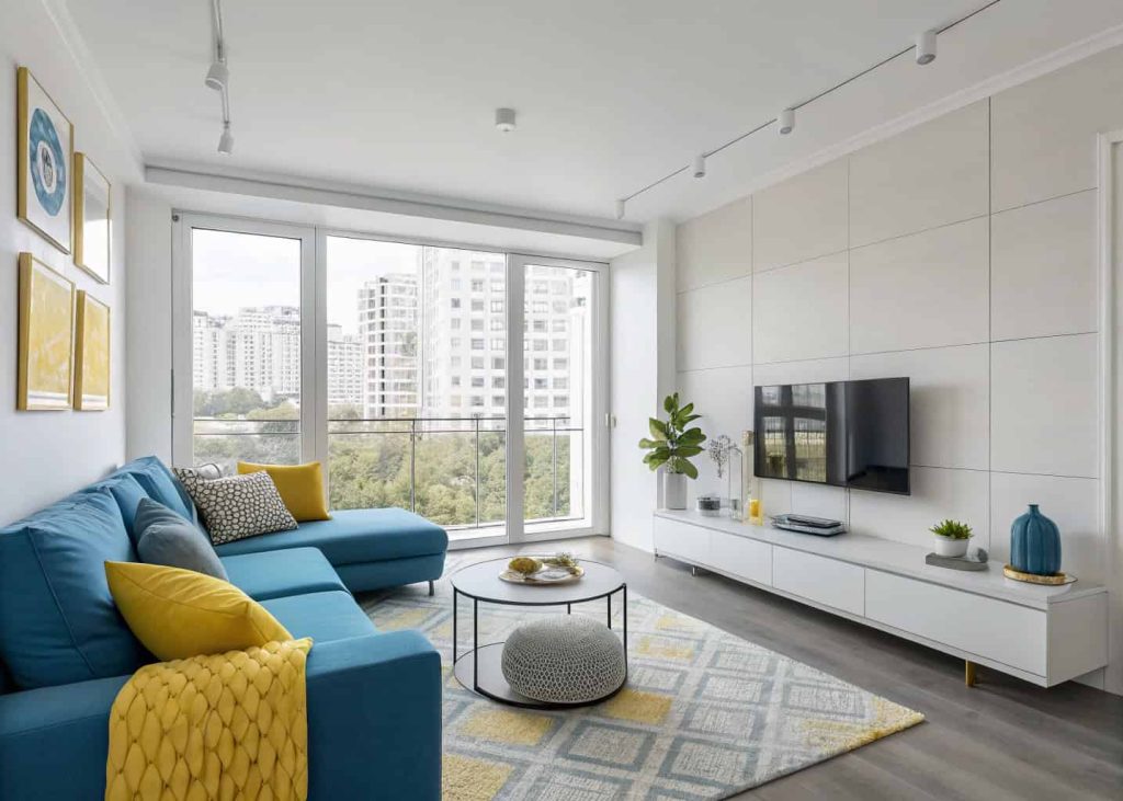Minimalist living room apartment featuring coordinated color palette with blue and yellow accents in modern decor