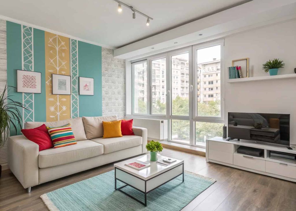 Colorful minimalist living room apartment with sleek neutral sofa, modern coffee table, and vibrant cushions
