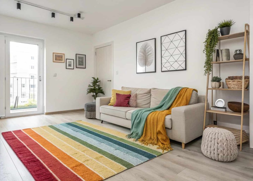 Minimalist apartment living room with colorful rug, soft throw blankets, and modern cushions adding warmth