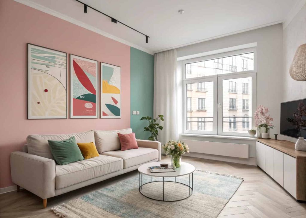 Colorful minimalist living room apartment with single large artwork and simple decorative accents