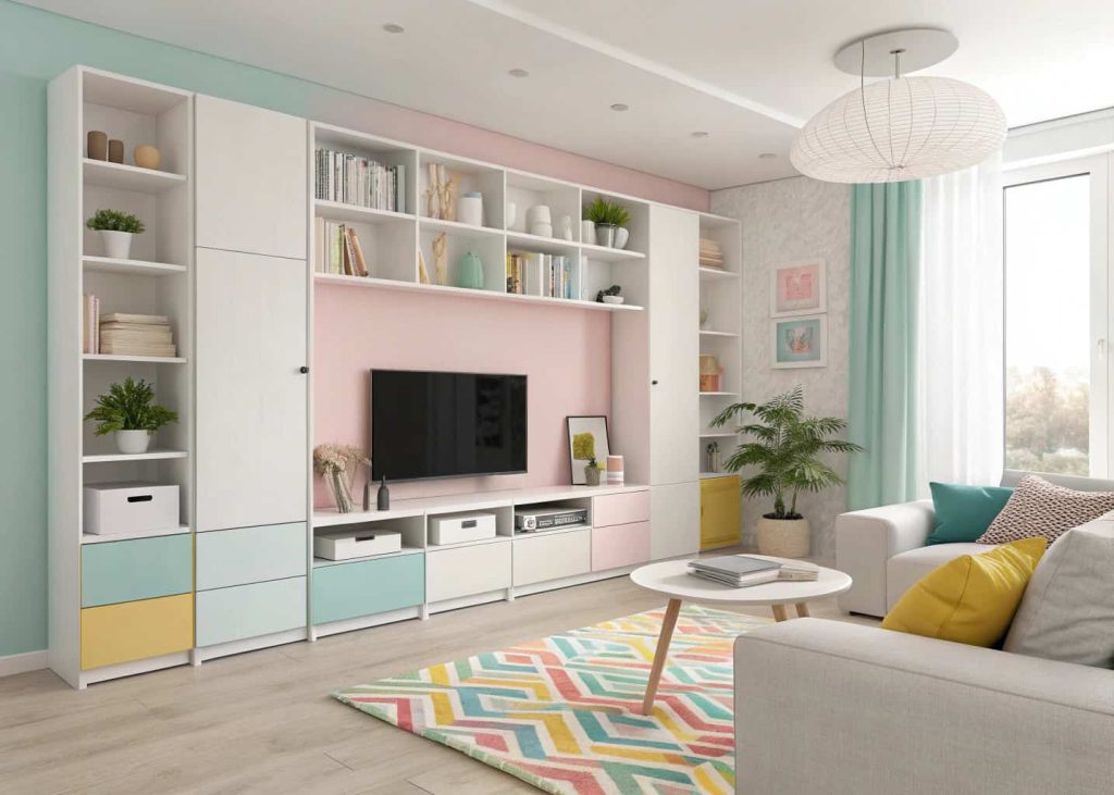 Organized colorful minimalist living room apartment with hidden storage and clean surfaces