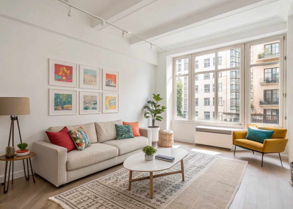 Minimalist living room apartment with colorful accents and open uncluttered space creating visual balance