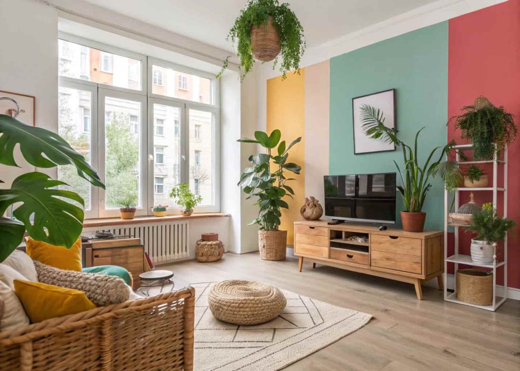 Colorful minimalist living room apartment with modern floor lamp, soft warm lighting, and clean contemporary design