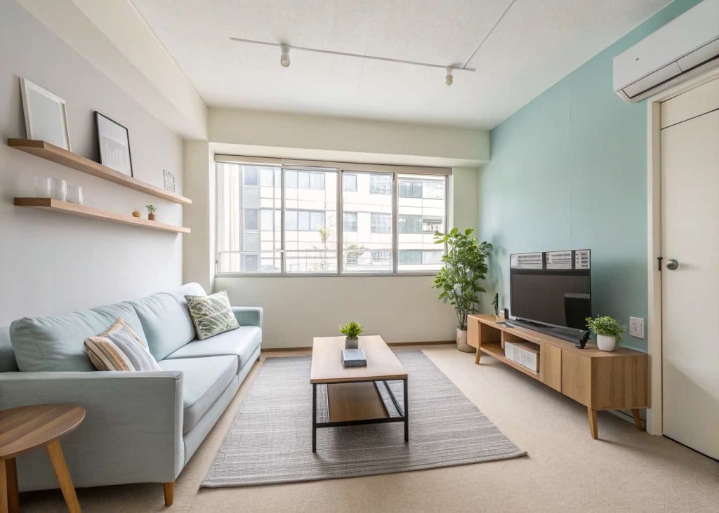 Small minimalist apartment living room with clean layout, neutral colors, simple furniture, bright natural light, modern cozy atmosphere