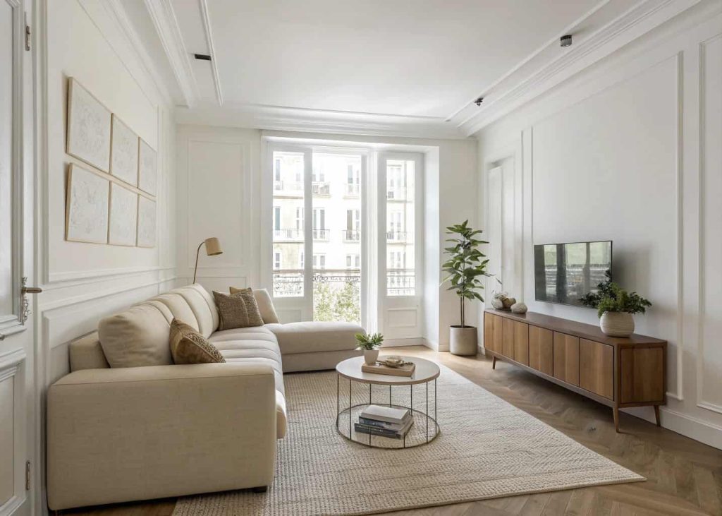 Neutral color minimalist living room apartment with white walls, beige sofa, soft textures, and bright natural lighting