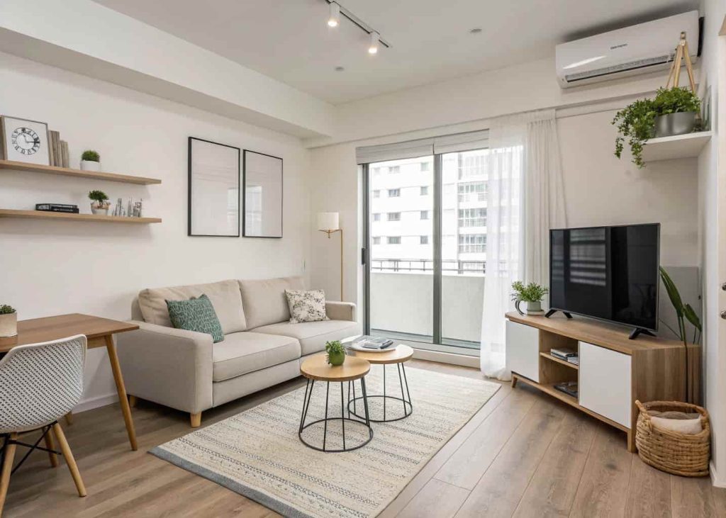 Small apartment minimalist living room with compact sofa, nesting tables, and space-saving modern furniture
