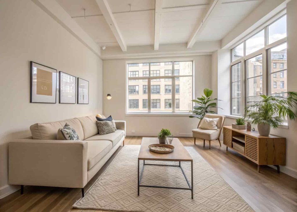 Open-layout minimalist small apartment living room with simple furniture arrangement and uncluttered floor space