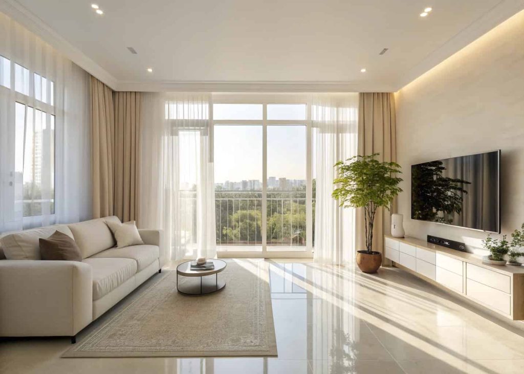 Bright small minimalist living room apartment with large window, sheer curtains, sunlight reflection, and airy design