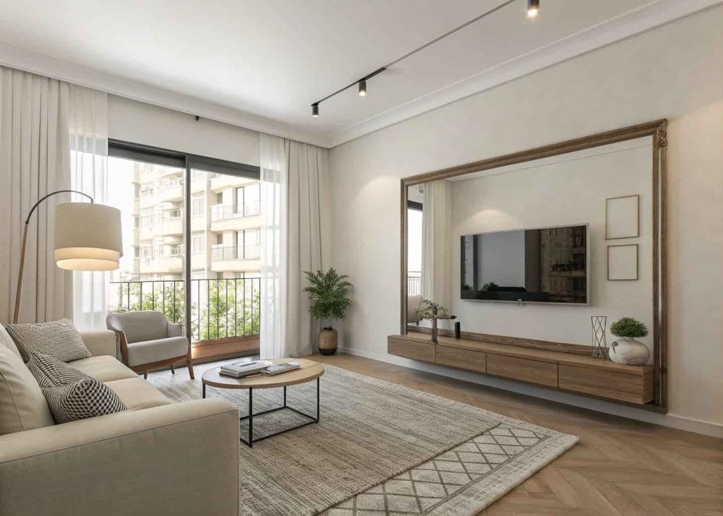 Small minimalist living room apartment featuring large wall mirror reflecting light and creating spacious effect