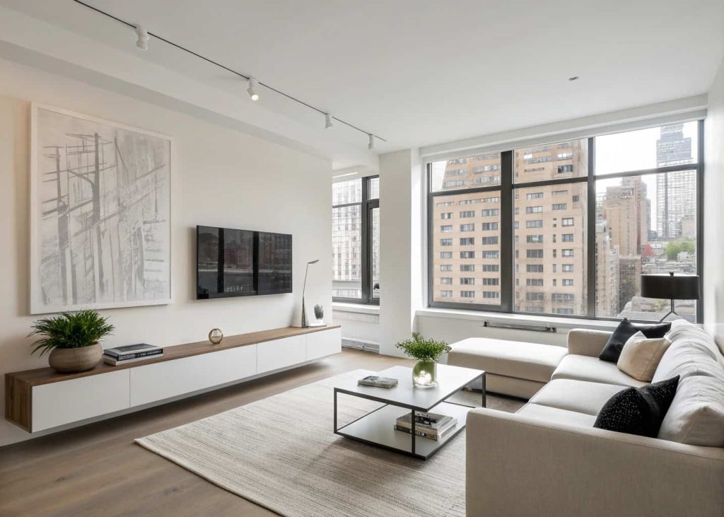 Minimalist apartment living room with single statement artwork, simple decor pieces, and clean modern styling.