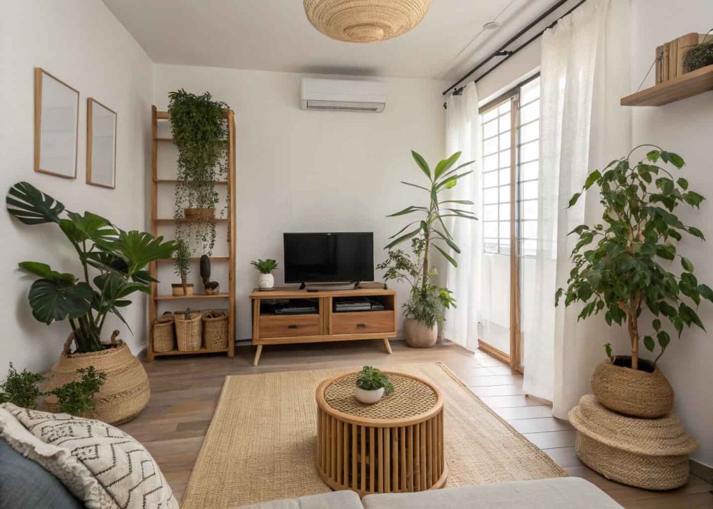 Minimalist small apartment living room with indoor plants, wooden accents, and natural textures.