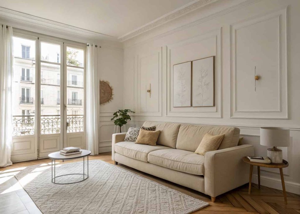 Neutral-toned minimalist living room apartment with beige sofa, white walls, soft textures, and warm natural lighting.
