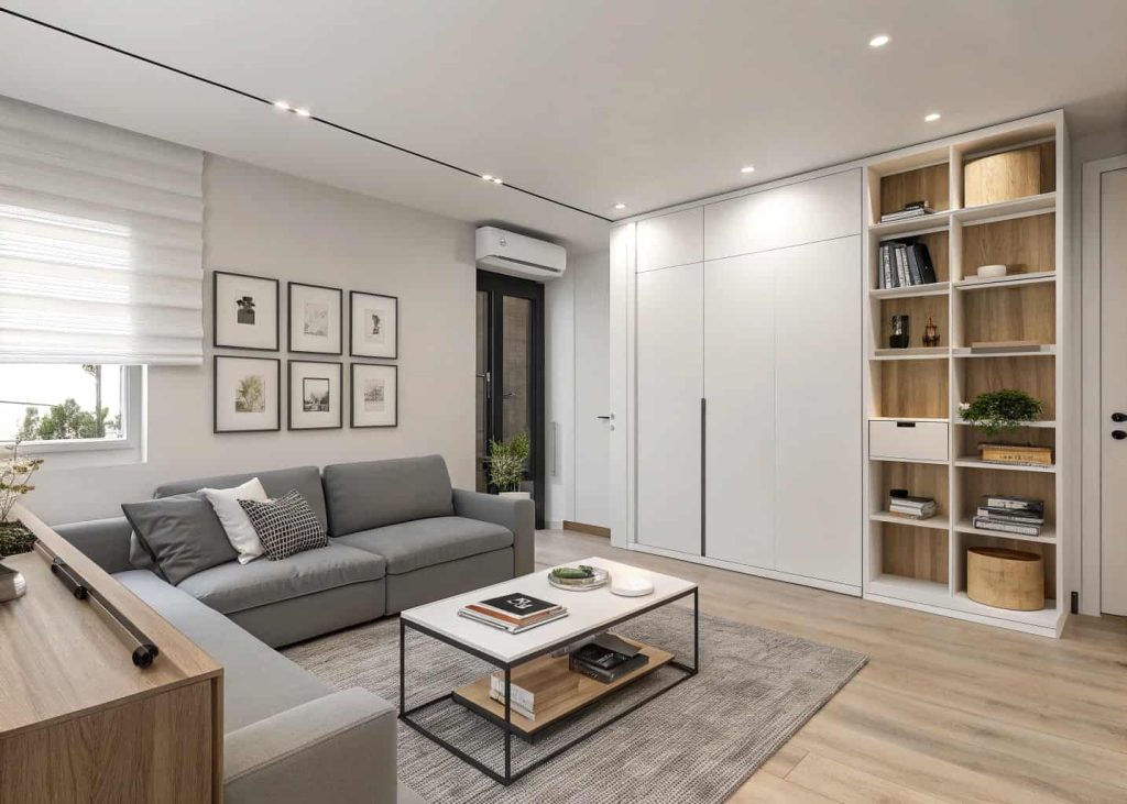 Modern minimalist apartment furniture setup with sleek sofa, simple coffee table, and hidden storage furniture.