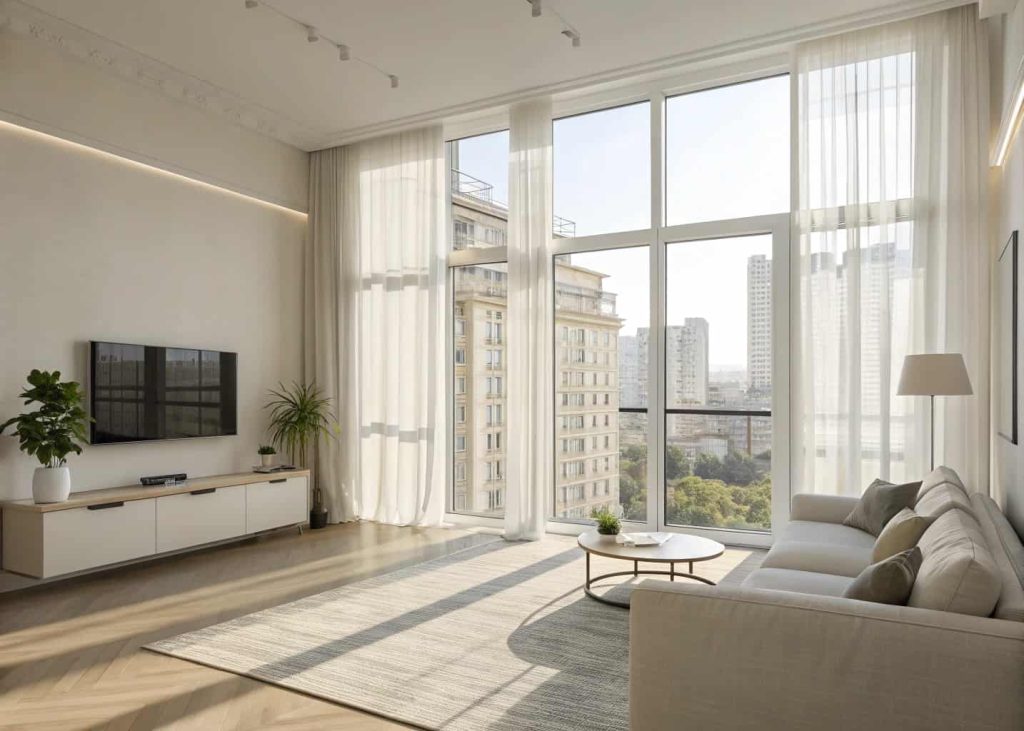 Bright minimalist living room apartment with large windows, sheer curtains, sunlight streaming inside, airy modern interior.