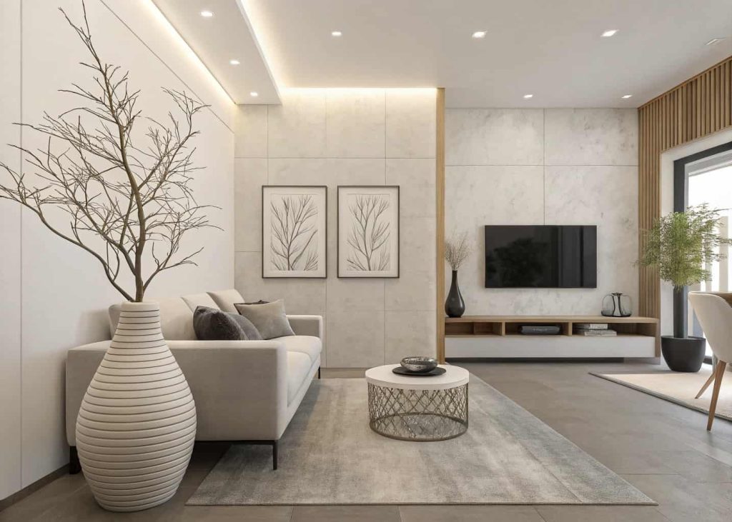 Minimalist living room decor with simple wall art, ceramic vase, clean surfaces, and modern aesthetic styling.