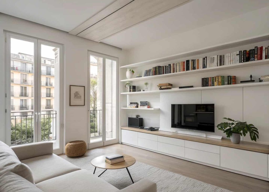 Minimalist apartment living room with floating shelves, hidden storage units, and organized clutter-free design.