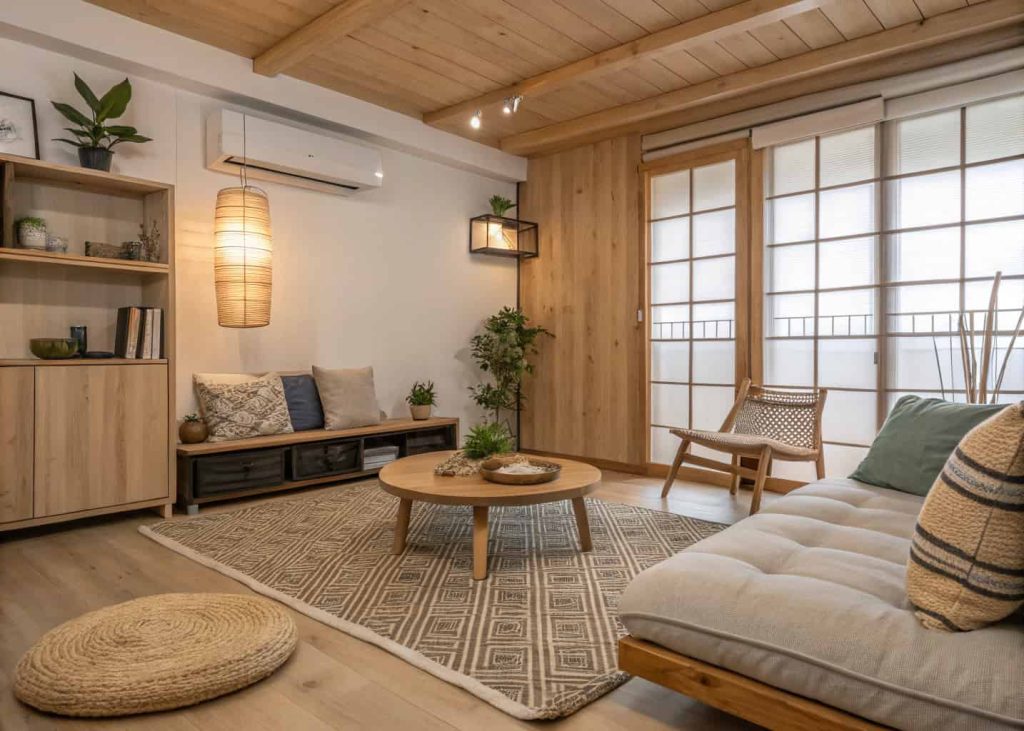 Cozy minimalist living room apartment with textured rug, soft cushions, wooden accents, and warm modern styling.