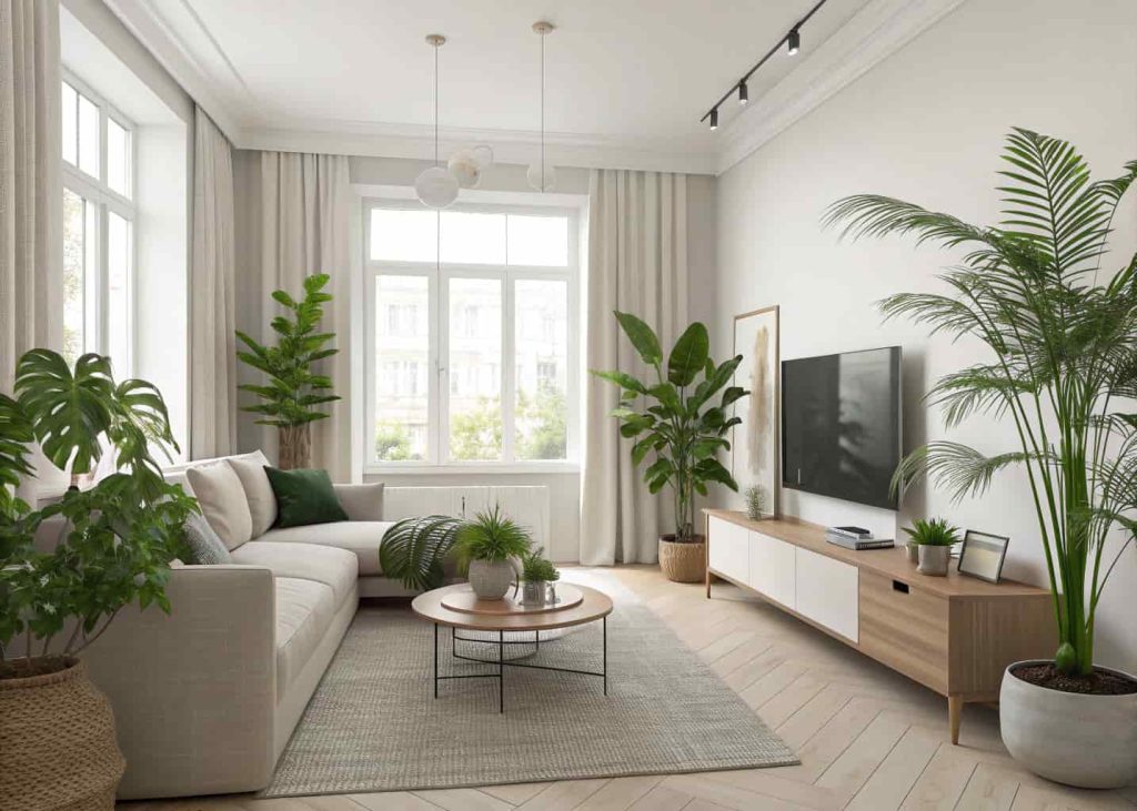 Minimalist apartment living room with indoor plants, neutral decor, modern furniture, and natural green accents.
