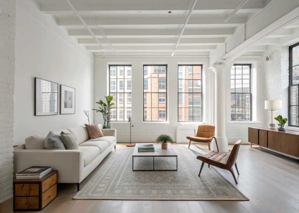 Open-layout minimalist apartment living room with spacious arrangement, simple furniture placement, and clean design.