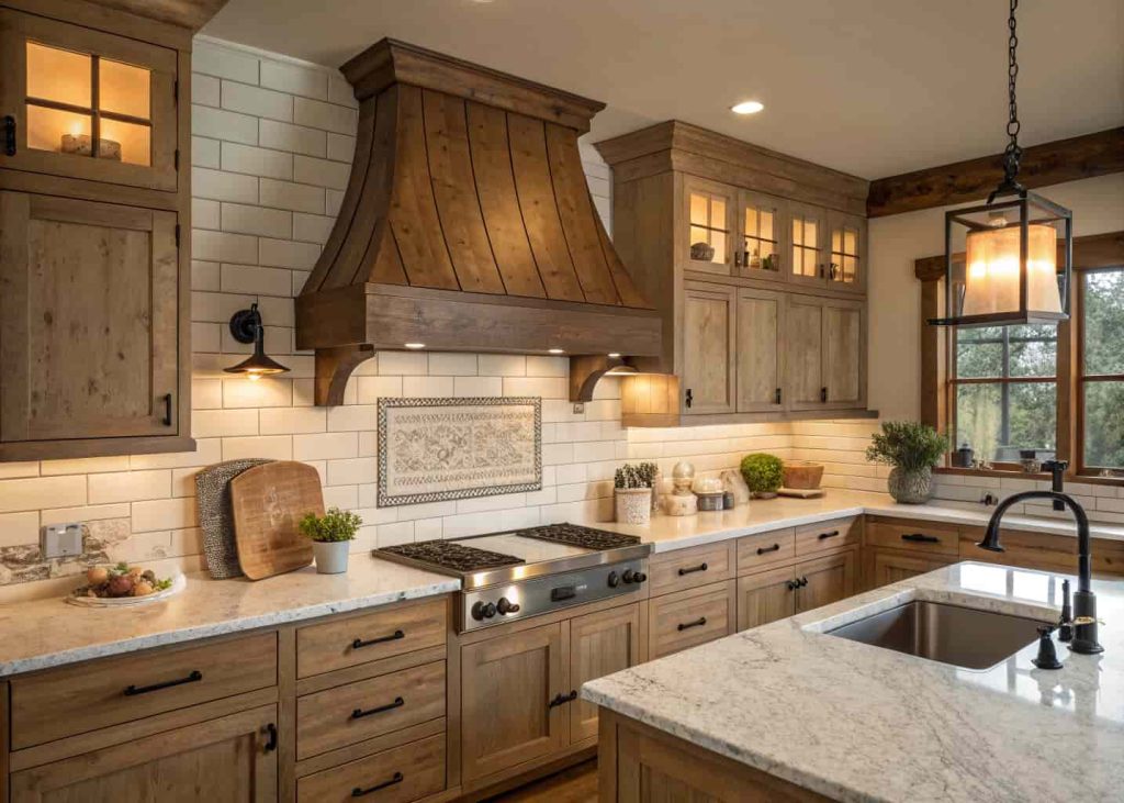 Farmhouse kitchen with a natural wood range hood cover, white subway tile backsplash, and warm ambient lighting