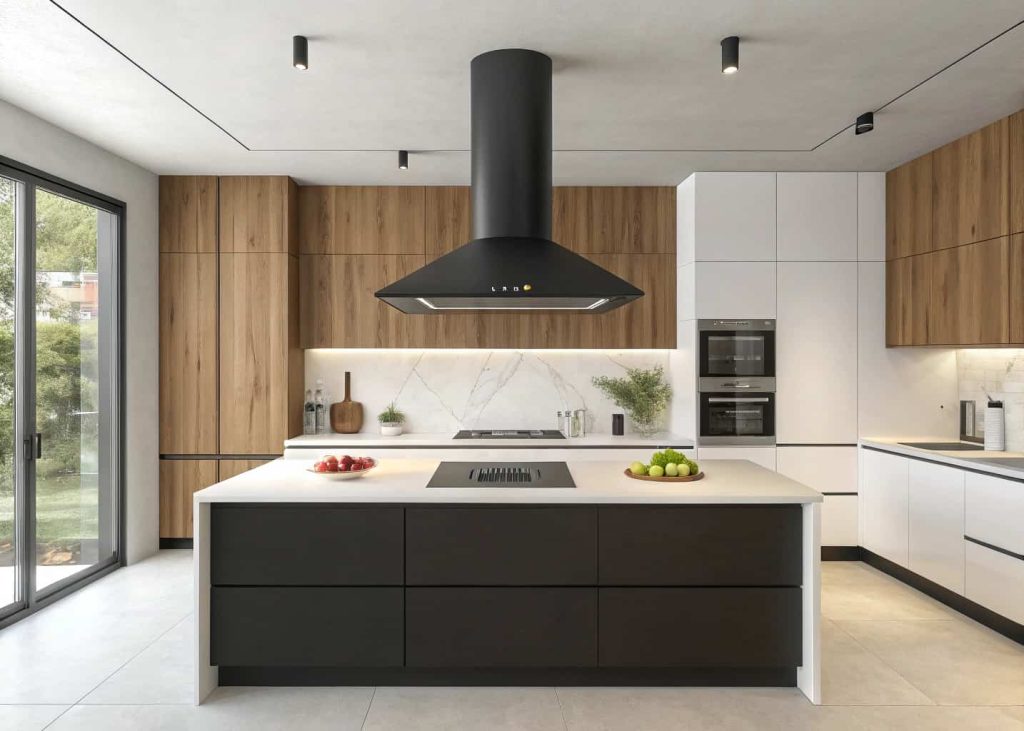 Modern kitchen with a matte black range hood cover above a sleek cooking island with minimalist design