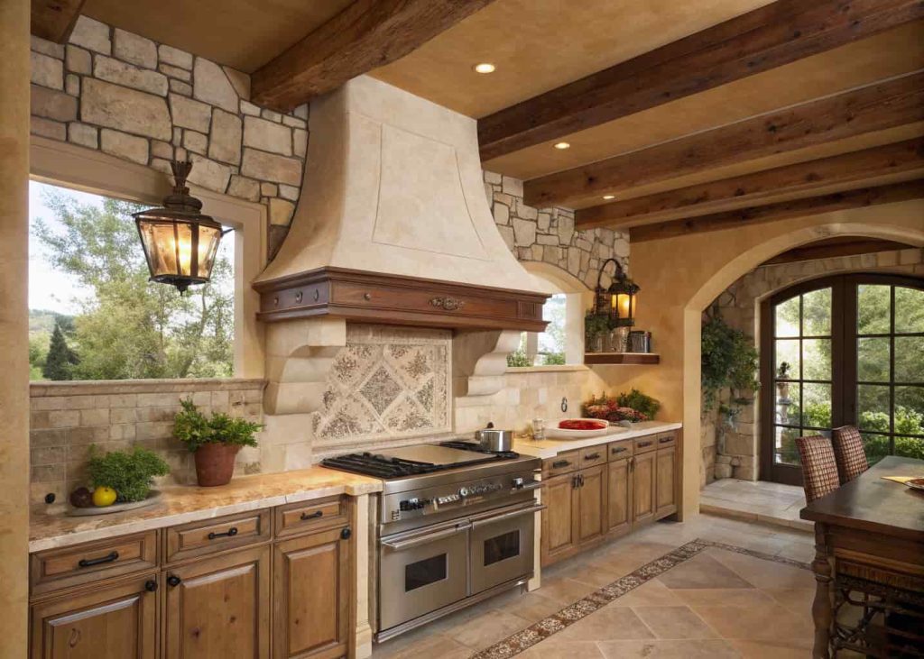 Mediterranean-style kitchen with a smooth plaster range hood cover and natural stone backsplash