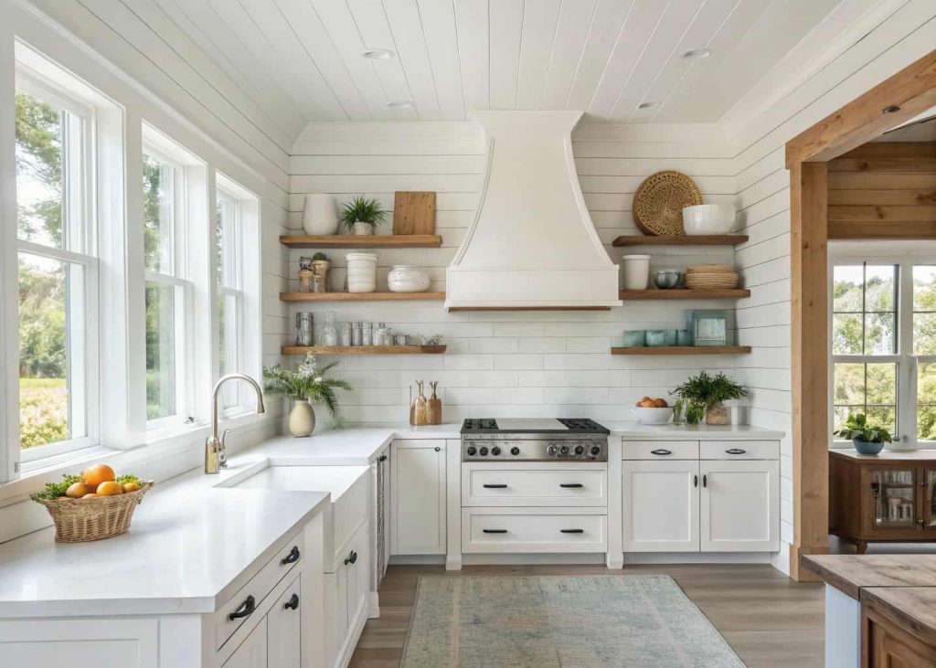 Bright coastal kitchen with white shiplap range hood cover and wooden open shelves