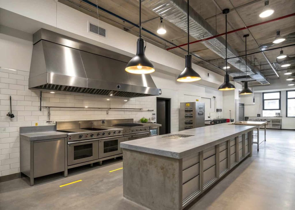 Industrial kitchen with stainless steel range hood cover, concrete countertop, and pendant lighting