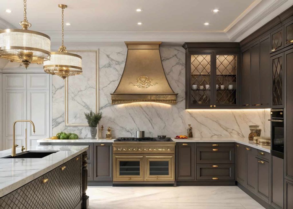 Luxury kitchen with brass range hood cover, marble backsplash, and elegant pendant lights