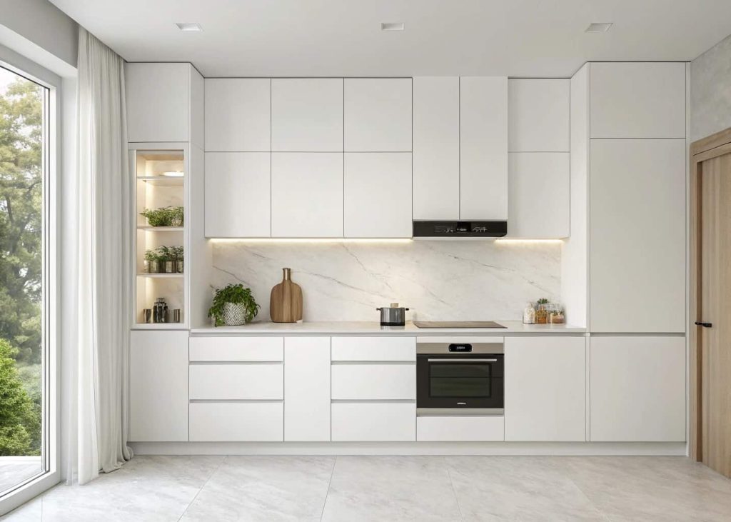 Minimalist kitchen with hidden range hood cover integrated seamlessly into white cabinets