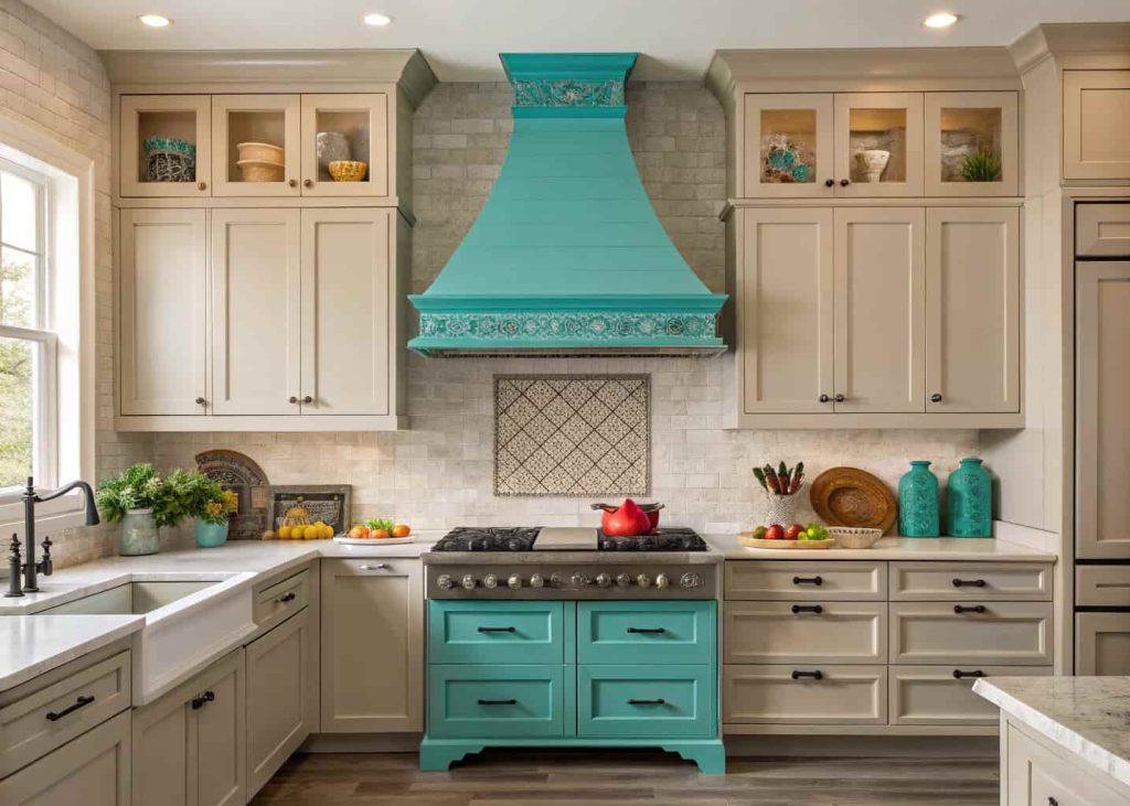Eclectic kitchen with a vibrant painted range hood cover in turquoise, paired with neutral cabinets