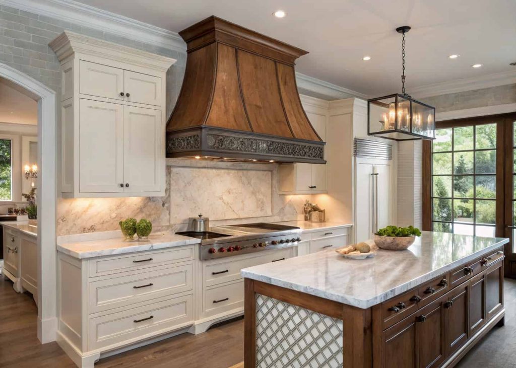 Transitional kitchen with a wooden and metal mixed material range hood cover over a marble island
