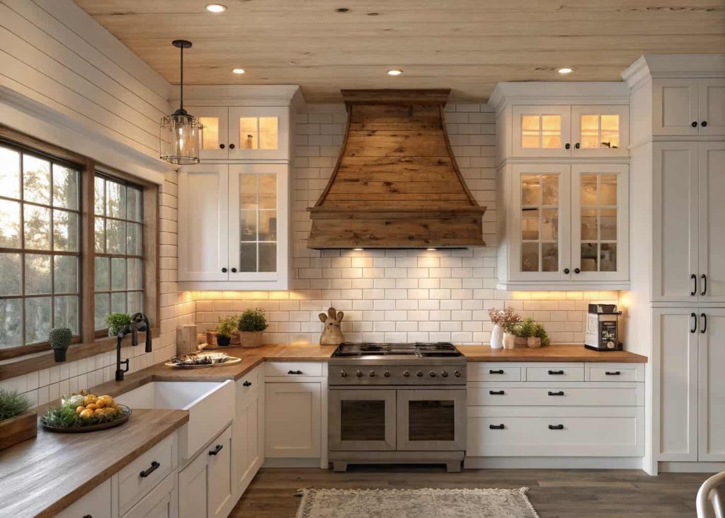 Farmhouse kitchen with a wooden range hood, white cabinets, subway tile backsplash, and warm lighting