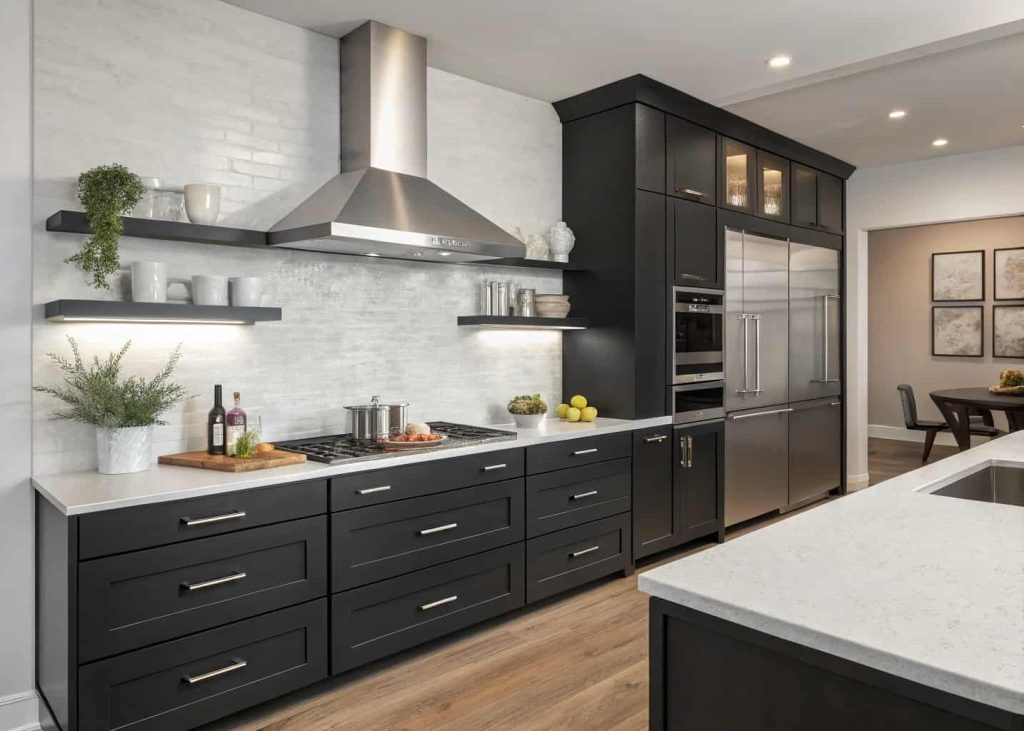 Modern kitchen with stainless steel range hood, sleek cabinets, quartz countertop, and minimalist design