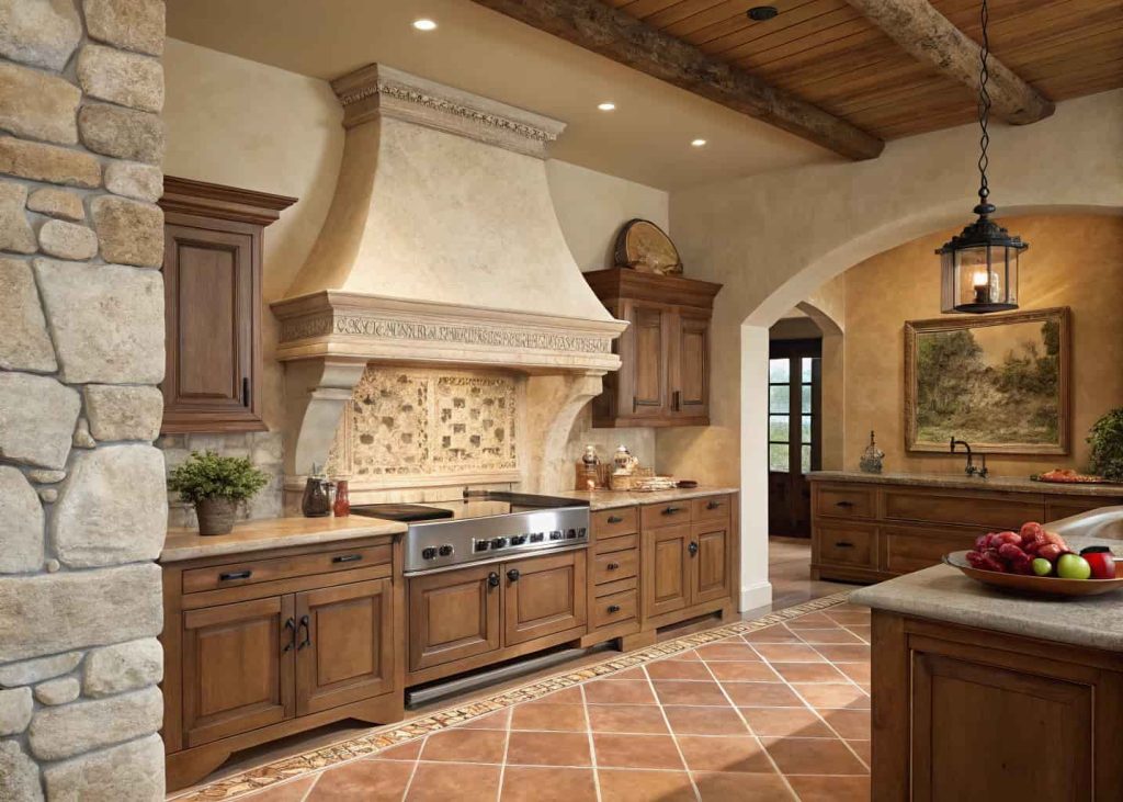 Mediterranean style kitchen with a smooth plaster range hood and natural stone backsplash