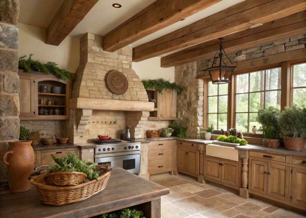 Rustic kitchen with stone range hood, wooden beams, and warm natural decor