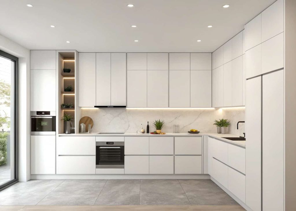 Minimalist kitchen with hidden range hood integrated into white cabinets