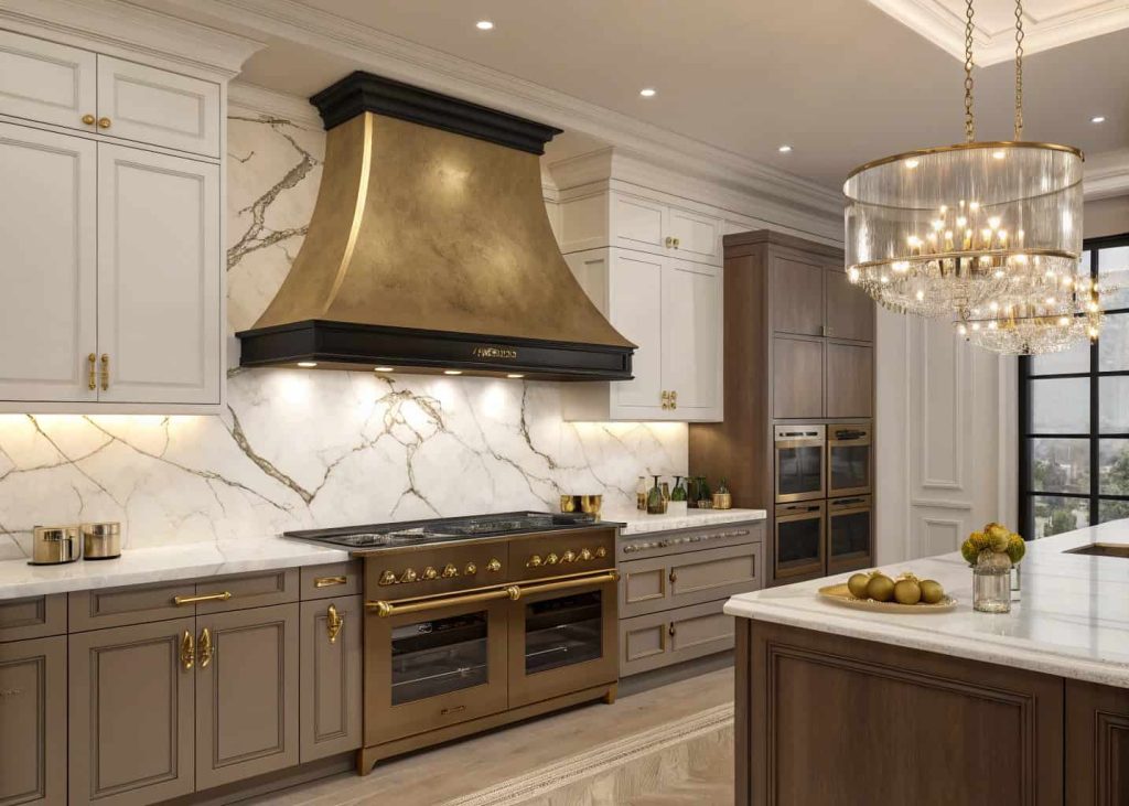 Luxury kitchen with brass range hood, marble backsplash, and elegant lighting