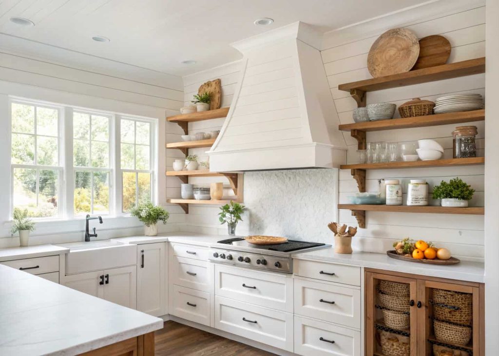 Bright farmhouse kitchen with white shiplap range hood and open wooden shelves
