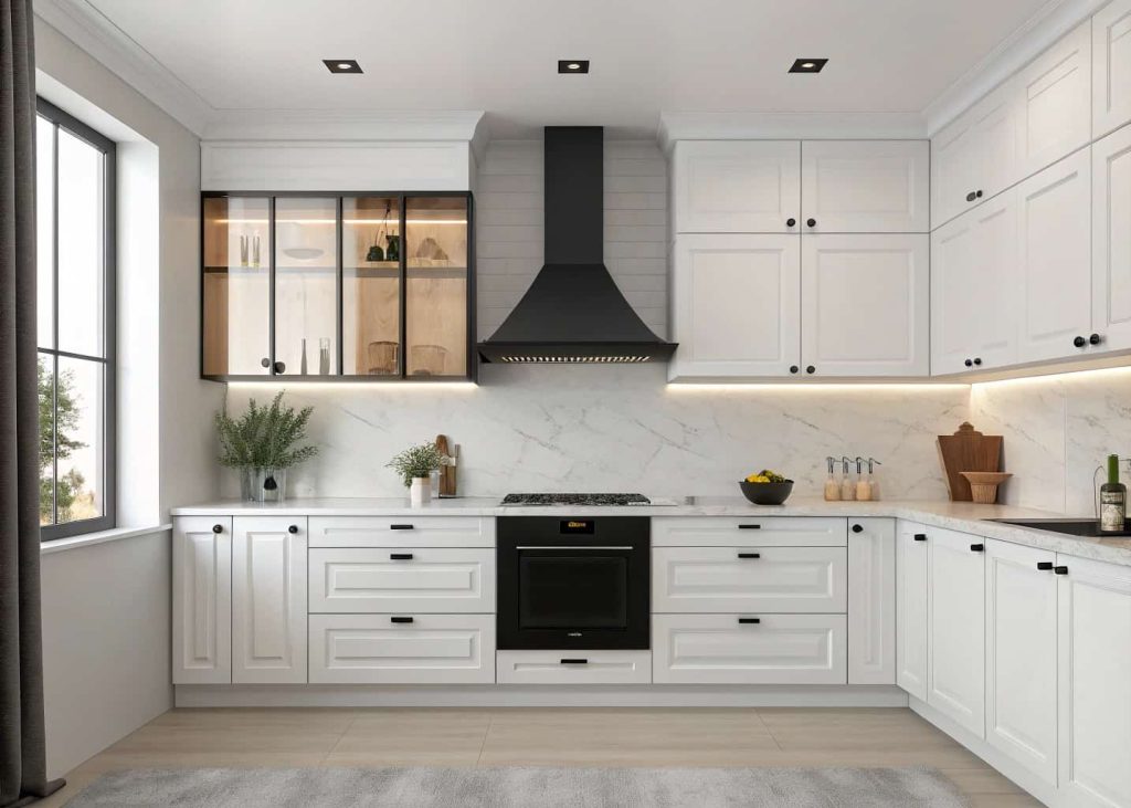 Modern kitchen with matte black range hood, white cabinets, and minimalist decor