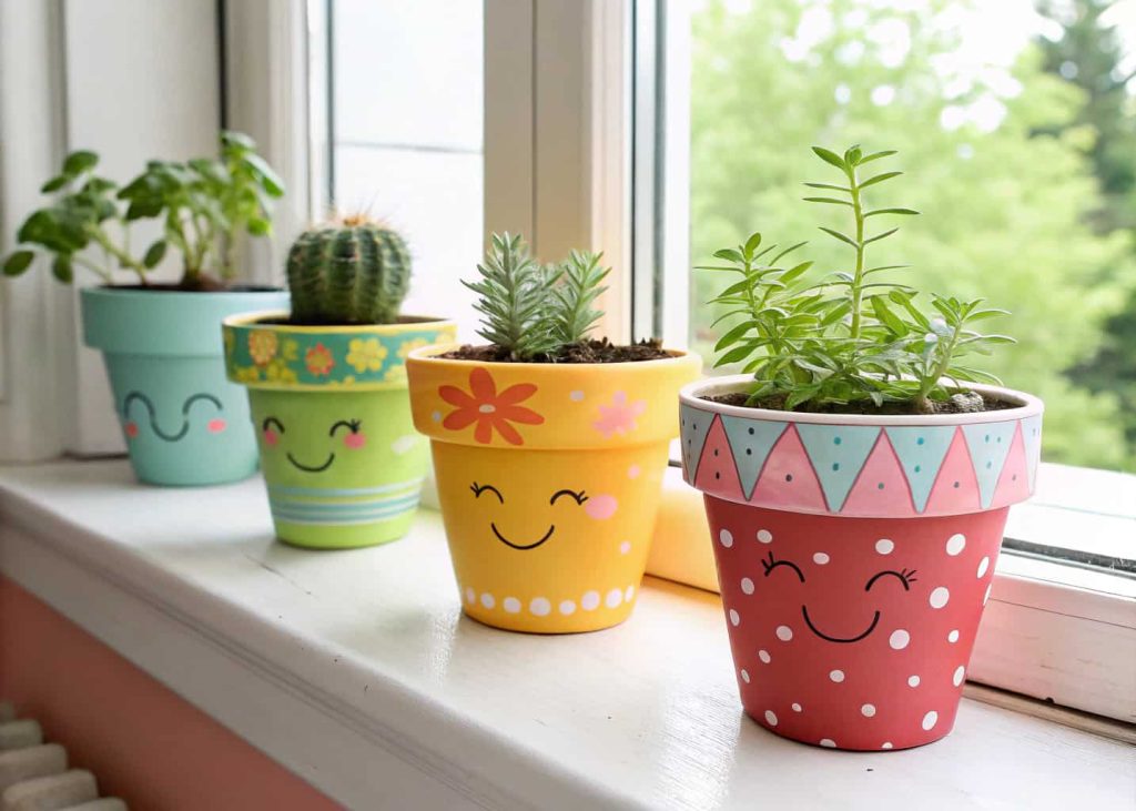Colorful DIY painted plant pots with small indoor plants placed on a bright window sill