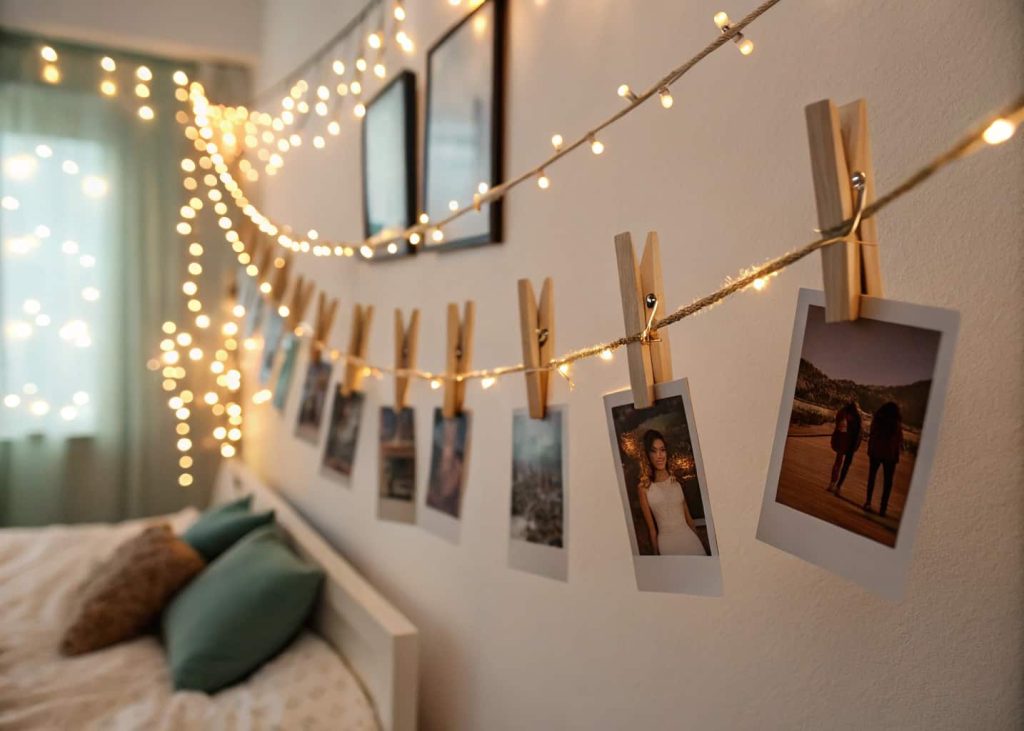 String photo display with wooden clips and fairy lights holding polaroid pictures on a bedroom wall