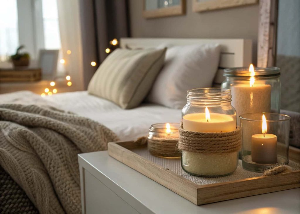 DIY candle holders made from glass jars with soft candlelight on a cozy bedroom shelf